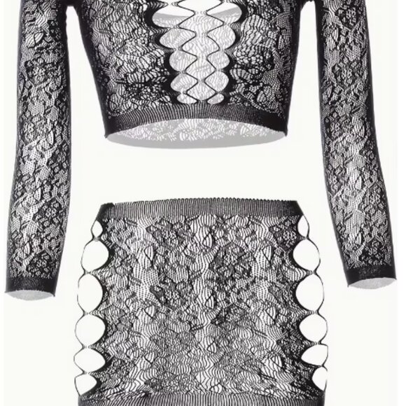 Black 2pc Crop Top & Skirt Fishnet Set - Picture 6 of 7